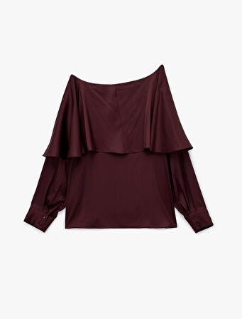 Uzun Kollu Kayık Yaka Asimetrik Kesim Saten Bluz