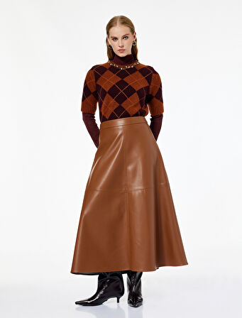 Koton X Melis Ağazat - Volanlı Kloş Kesim Midi Suni Deri Etek