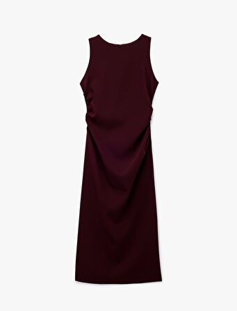 Krep Kumaş Drape Detaylı Yırtmaçlı Kolsuz Bisiklet Yaka Midi Kalem Elbise