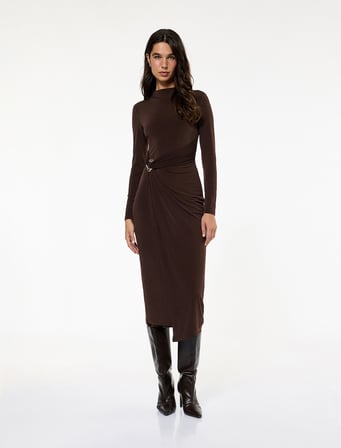 Koton X Sibil Çetinkaya - Uzun Kollu Dik Yaka Metal Aksesuarlı Slim Fit Maxi Elbise