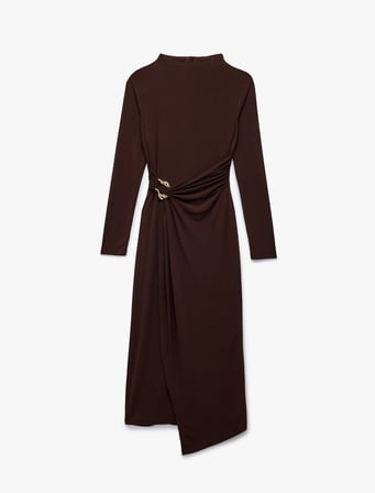 Koton X Sibil Çetinkaya - Uzun Kollu Dik Yaka Metal Aksesuarlı Slim Fit Maxi Elbise