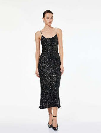 İp Askılı U Yaka Pullu Payetli Midi Abiye Elbise