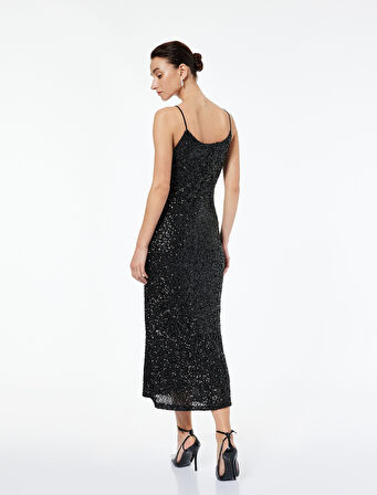 İp Askılı U Yaka Pullu Payetli Midi Abiye Elbise