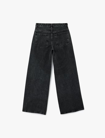 Koton X Sibil Çetinkaya - Taş Detaylı Çıtçıt Düğmeli Bol Paça Jean Pantolon - Loose Straight Fit Jean