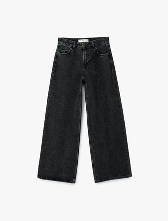 Koton X Sibil Çetinkaya - Taş Detaylı Çıtçıt Düğmeli Bol Paça Jean Pantolon - Loose Straight Fit Jean