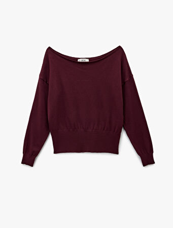 Uzun Kollu Viskon Karışımlı Kayık Yaka Triko Kazak