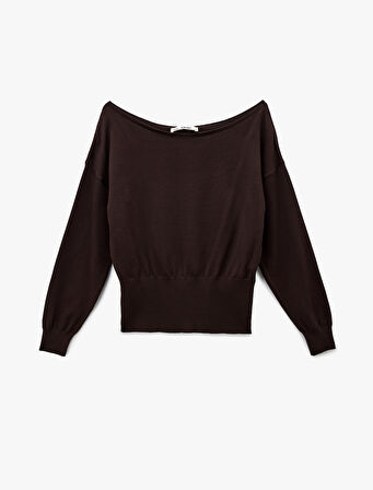 Uzun Kollu Viskon Karışımlı Kayık Yaka Triko Kazak