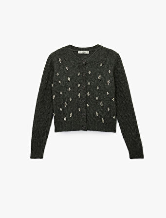 Saç Örgü Dokulu Taş Detaylı Düğmeli V Yaka Triko Hırka