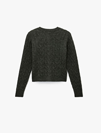 Saç Örgü Dokulu Taş Detaylı Düğmeli V Yaka Triko Hırka