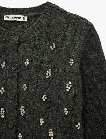 Taş Detaylı Uzun Kollu V Yaka Triko Hırka