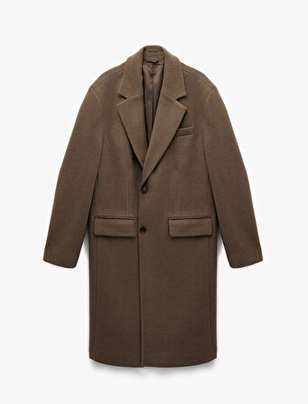 Regular Fit Cepli Mono Yaka Düğmeli Uzun Kaşe Kaban