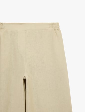 Beli Lastikli Cep Detaylı Düz Bol Paça Keten Pantolon