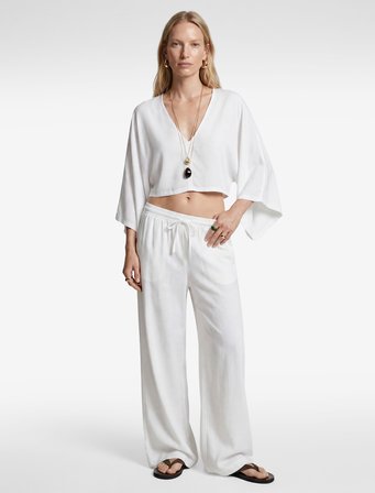 Keten Karışımlı Geniş Yarasa Kol Asimetrik Kesim Dökümlü V Yaka Panço Crop Bluz