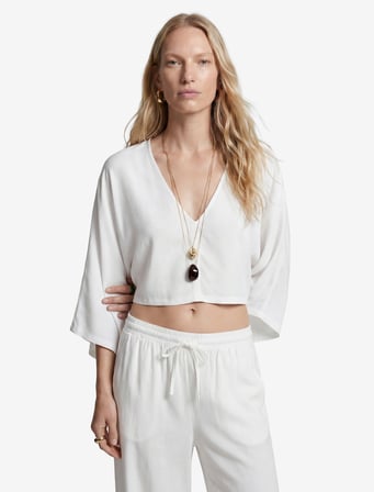 Keten Karışımlı Geniş Yarasa Kol Asimetrik Kesim Dökümlü V Yaka Panço Crop Bluz