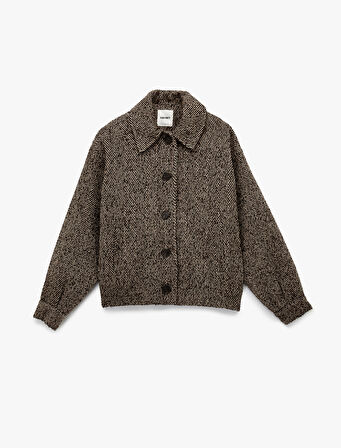 Koton X Melis Ağazat - Kısa Kaban Uzun Kollu Cepli Düğmeli Desenli