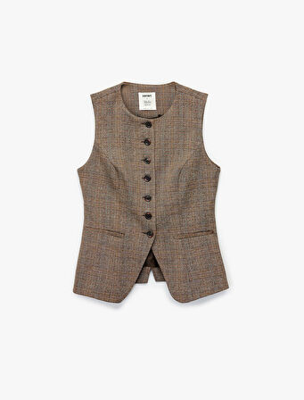 Koton X Melis Ağazat - Slim Fit Bisiklet Yaka Düğmeli Ekose Yelek