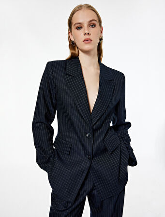 Koton X Melis Ağazat - Uzun Kollu Cepli Çizgili Oversize Blazer Ceket