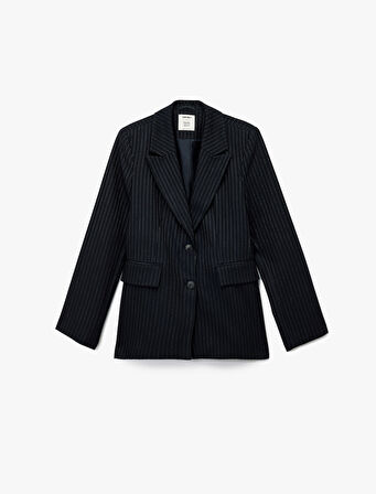 Koton X Melis Ağazat - Uzun Kollu Cepli Çizgili Oversize Blazer Ceket