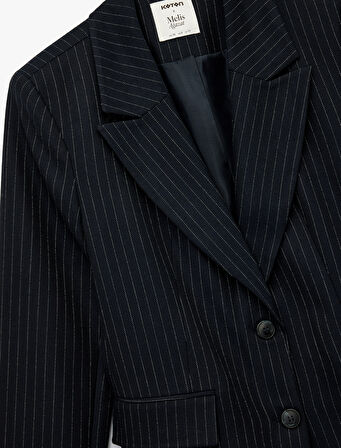 Koton X Melis Ağazat - Uzun Kollu Cepli Çizgili Oversize Blazer Ceket