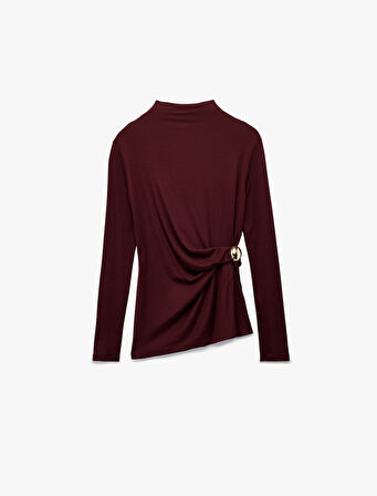 Koton X Melis Ağazat - Slim Fit Uzun Kollu Dik Yaka Aksesuar Detaylı Tişört