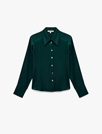 Koton X Melis Ağazat - Uzun Kollu Metalik Düğme Detaylı Saten Gömlek