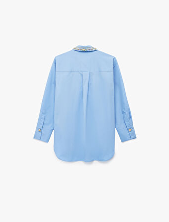Koton X Melis Ağazat - Uzun Kollu Yakası Taş Detaylı Oversize Poplin Gömlek