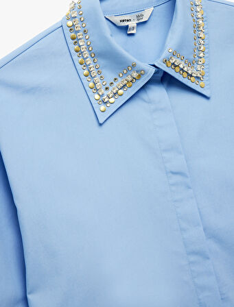 Koton X Melis Ağazat - Uzun Kollu Yakası Taş Detaylı Oversize Poplin Gömlek