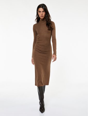 Koton X Sibil Çetinkaya - Uzun Kollu Dik Yaka Drape Detaylı Slim Fit Midi Boy Kalem Elbise