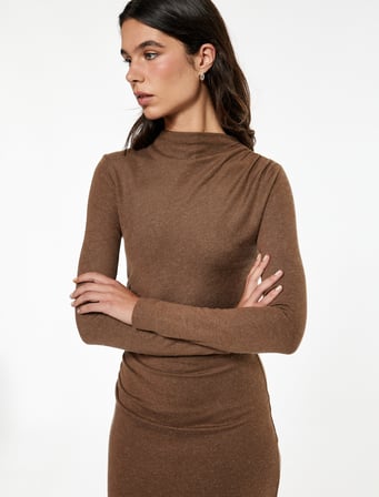 Koton X Sibil Çetinkaya - Uzun Kollu Dik Yaka Drape Detaylı Slim Fit Midi Boy Kalem Elbise