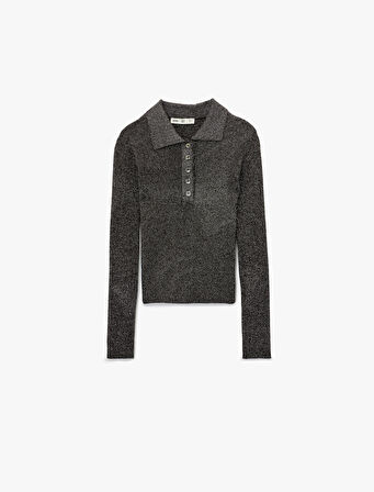 Koton X Melis Ağazat - Uzun Kollu Metalik İplik Detaylı Parıltılı Polo Yaka Triko Kazak