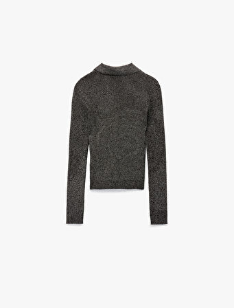 Koton X Melis Ağazat - Uzun Kollu Metalik İplik Detaylı Parıltılı Polo Yaka Triko Kazak