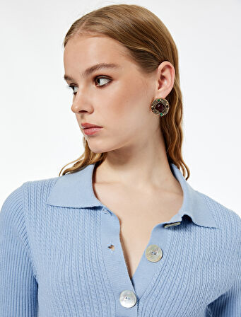 Koton X Melis Ağazat - Kısa Kollu Düğmeli Polo Yaka Saç Örgü Kazak