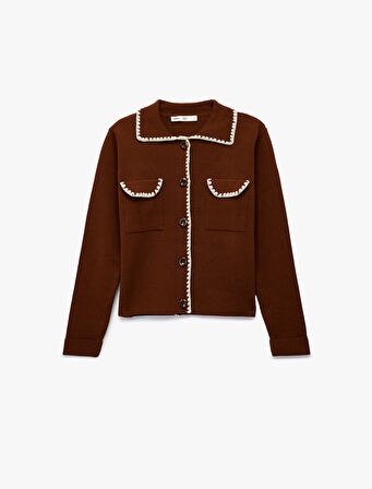 Koton X Melis Ağazat - Cepli Dikiş Detaylı Uzun Kollu Gömlek Yaka Triko Hırka