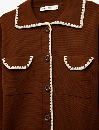 Koton X Melis Ağazat - Cepli Dikiş Detaylı Uzun Kollu Gömlek Yaka Triko Hırka