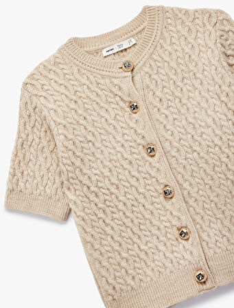 Koton X Melis Ağazat - Düğmeli Bisiklet Yaka Kısa Kollu Saç Örgü Hırka