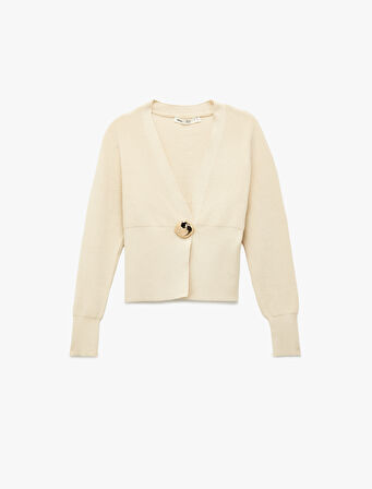 Koton X Melis Ağazat - Uzun Kollu V Yaka Aksesuar Düğme Detaylı Triko Hırka