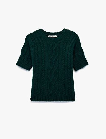 Koton X Melis Ağazat - Regular Fit Kısa Kollu Bisiklet Yaka Saç Örgü Triko Kazak