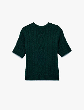 Koton X Melis Ağazat - Regular Fit Kısa Kollu Bisiklet Yaka Saç Örgü Triko Kazak