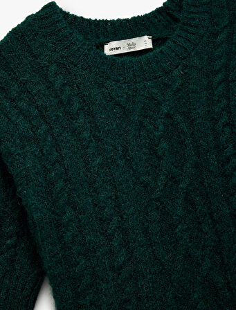 Koton X Melis Ağazat - Regular Fit Kısa Kollu Bisiklet Yaka Saç Örgü Triko Kazak