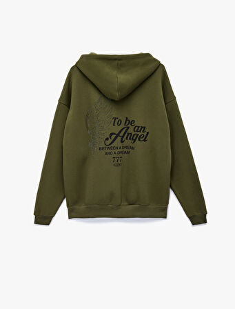 Taş Detaylı Kapüşonlu Arkası Baskılı Kanguru Cepli Oversize Fermuarlı Sweatshirt