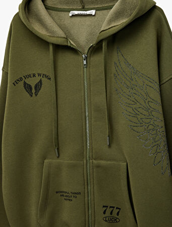 Taş Detaylı Kapüşonlu Arkası Baskılı Kanguru Cepli Oversize Fermuarlı Sweatshirt