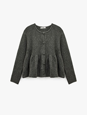 Düğmeli Uzun Kollu Bisiklet Yaka Volanlı Peplum Triko Hırka