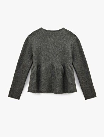 Düğmeli Uzun Kollu Bisiklet Yaka Volanlı Peplum Triko Hırka