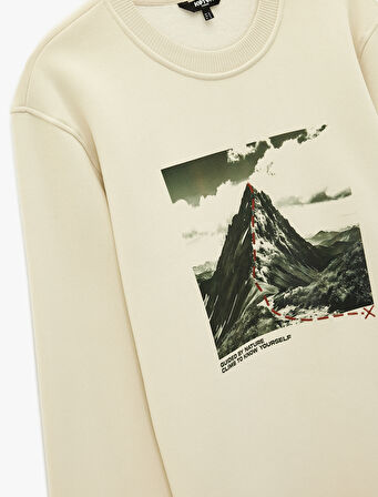 Uzun Kollu Şardonlu Bisiklet Yaka Baskılı Sweatshirt