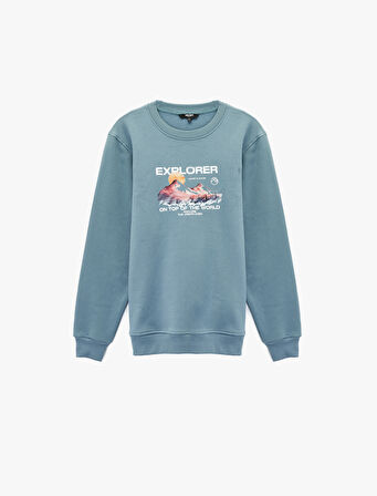 Uzun Kollu Regular Fit Şardonlu Bisiklet Yaka Baskılı Sweatshirt