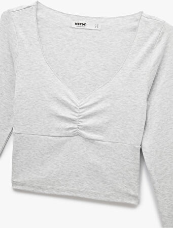 Uzun Kollu V Yaka Büzgülü Viskon Crop Slim Fit Pijama Üstü