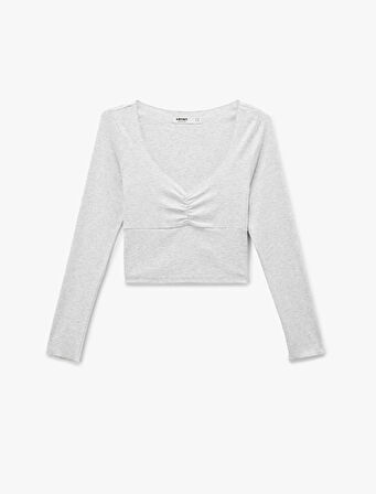 Uzun Kollu V Yaka Büzgülü Viskon Crop Slim Fit Pijama Üstü