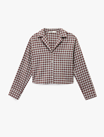 Uzun Kollu Gömlek Yaka Oversize Crop Ekoseli Pijama Üstü