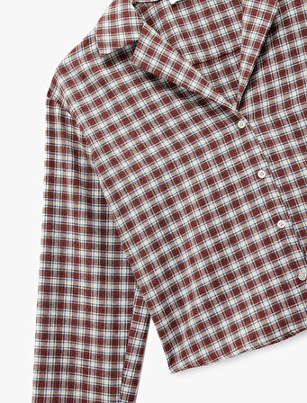 Uzun Kollu Gömlek Yaka Oversize Crop Ekoseli Pijama Üstü