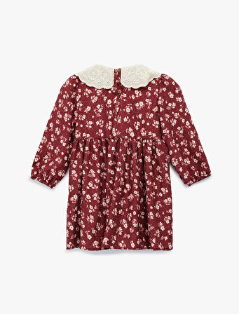 Uzun Kollu Bebe Yaka Çiçekli Viskon Elbise